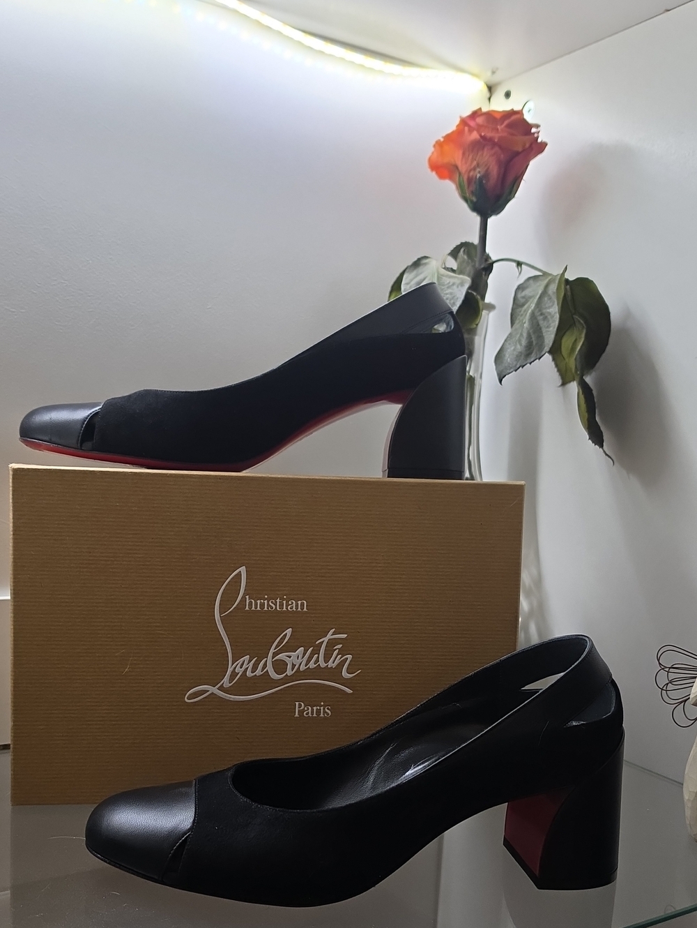 Christian Louboutin Black Suede and Leather Slingback Heels with Red Sole